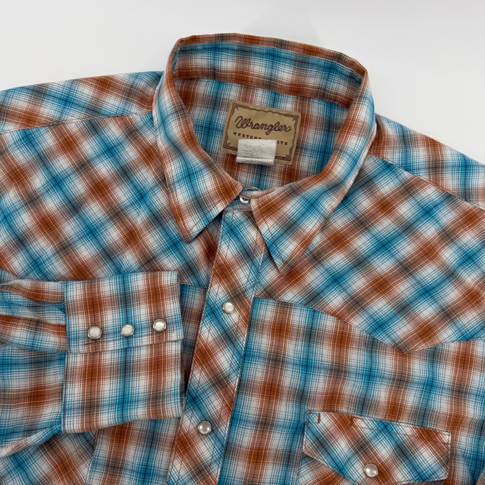 Wrangler Western Shirt Mens 2XL Blue Brown Plaid Pearl Snap L/S 112325186